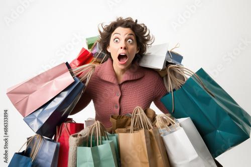 Stressed woman carrying many shopping bags. AI generative.