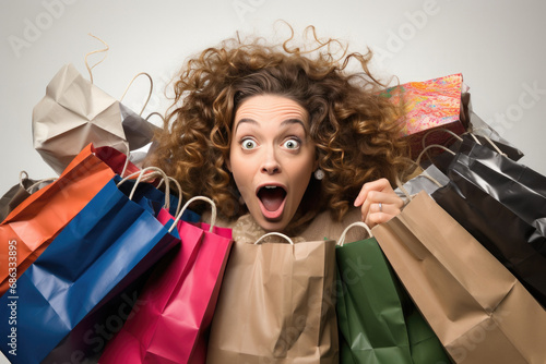 Happy and excited woman carrying many shopping bags. AI generative.