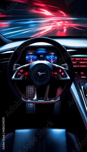 A close-up of the steering wheel and dashboard in a sports car, with a combination of digital displays and analog controls
