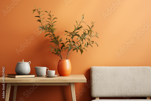Interior orange with eco-friendly and natural table and decor in the living room