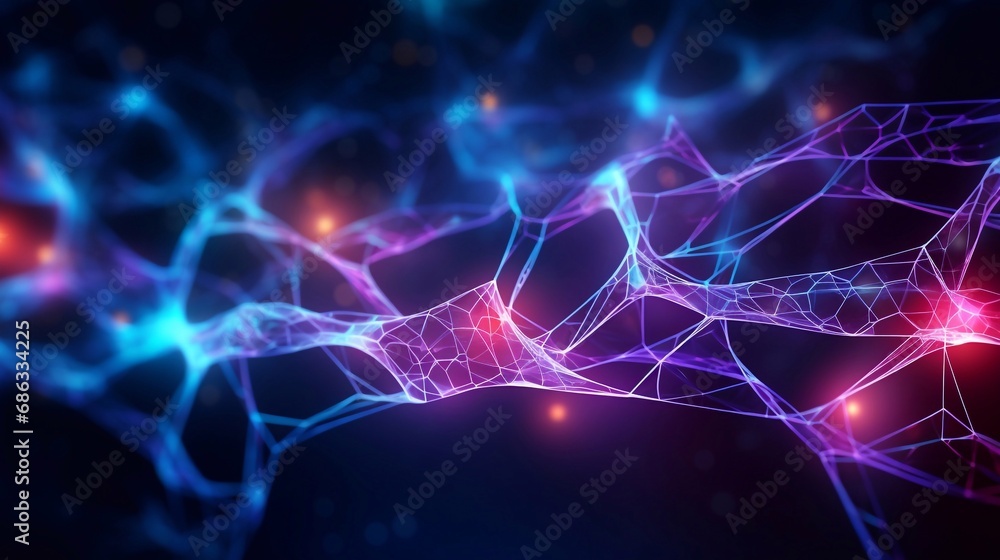Neural patterns network artificial intelligence on neon glow light background. Digital interface aesthetics different design, machine network neurons elements, fractals texture, waves, blockchain data - obrazy, fototapety, plakaty 