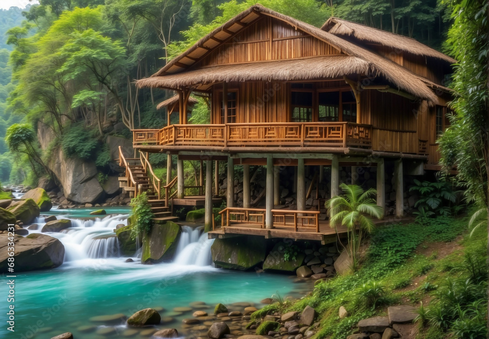 Wooden house made of bamboo, in the jungle, by the river