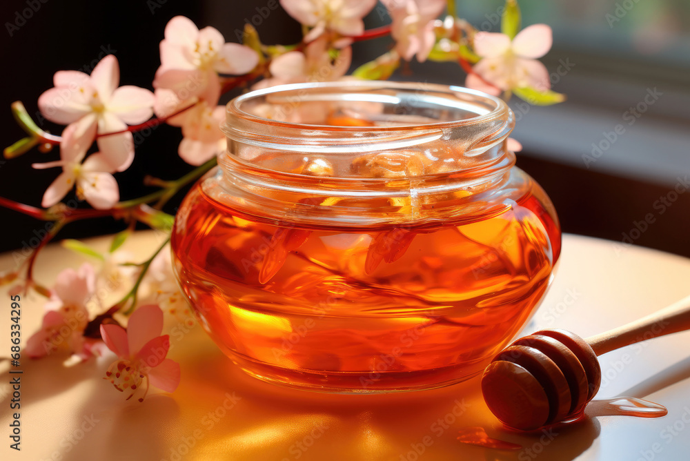 Organic flower honey in a glass jar on the table Organic flower honey in a glass jar on the table