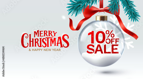 Merry Christmas and happy new year, 10 Percentage off sale. Vector illustration 