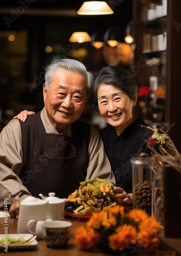 Japanese married couple sitting at the table, grandfather, grandmother, old man, mature woman, Japan, Asians, elderly people's day, pensioner, retired, family, lunch, tea party, traditional ceremony