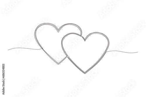 Two linked heart, continuous one line drawing. Double heart hand drawn, black and white vector minimalist illustration of love concept made of one line. on transparent background.