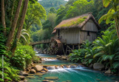 Wooden house made of bamboo, in the jungle, by the river, water mill