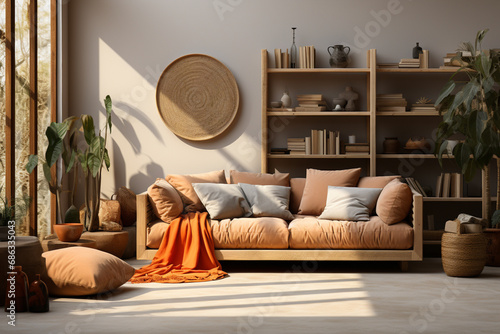 Home interior mockup with rattan furniture with eco-friendly and natural decor photo