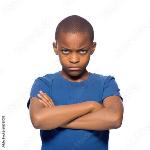 Angry African American boy with arms crossed on white background photo