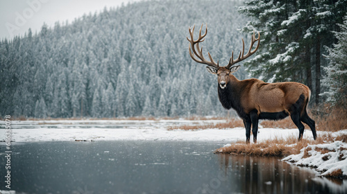 Jelenie w zimowym krajobrazie lasu. Generative AI. © Chetzu