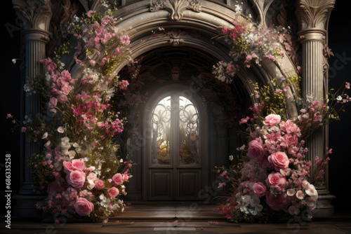 Wedding arch or doors decorated with pink flowers for marriage registration © Sunshine