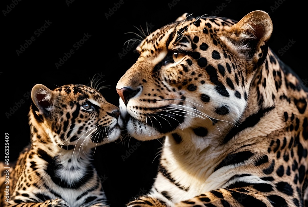 Fototapeta premium AI generated illustration of an adorable mother jaguar and her baby cub sharing a tender moment