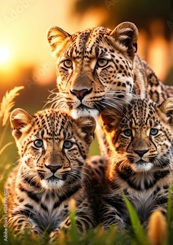 AI generated illustration of three majestic leopards basking in the warm sunlight