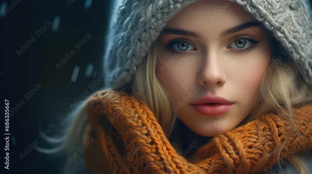 winter portrait of young beautiful blond woman wearing knitted snood,wintertime outdoor winter portrait of young beautiful blond woman wearing knitted snood,wintertime outdoor