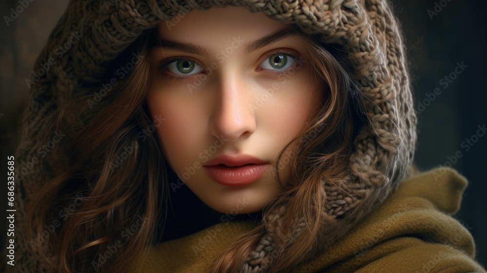winter portrait of young beautiful woman wearing knitted snood,wintertime outdoor winter portrait of young beautiful woman wearing knitted snood,wintertime outdoor