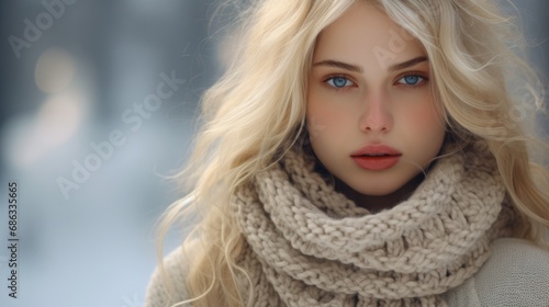 winter portrait of young beautiful blonde woman wearing knitted snood,wintertime outdoor