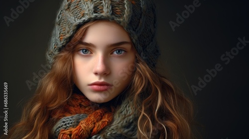 winter portrait of young beautiful woman wearing knitted snood,wintertime outdoor