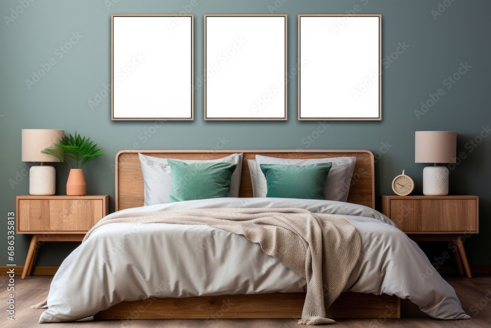 Mockup poster or painting in frame on the wall above the bed in Scandinavian style Mockup poster or painting in frame on the wall above the bed in Scandinavian style