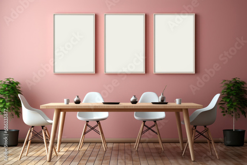 Scandinavian minimalistic dining room interior in gray and pink colors and mockup of posters or paintings in a frame on the wall © Sunshine