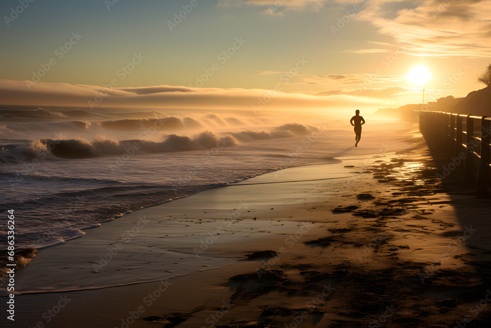 person runing on the beach at sunrise