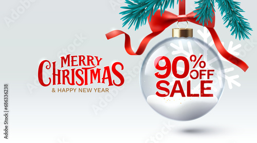Merry Christmas and happy new year, 90 Percentage off sale. Vector illustration 