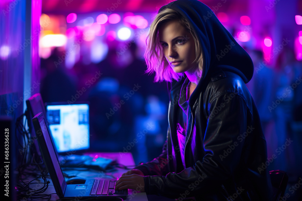 A female hacker sits at a laptop in a city in neon colors. A female hacker sits at a laptop in a city in neon colors.