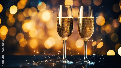 Two champagne glasses ready to drink isolated on blur glitters background