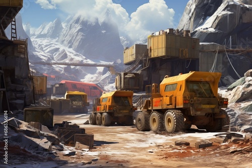 A construction site scene with heavy-duty dump trucks, capturing the industrial and hardworking nature of these vehicles.