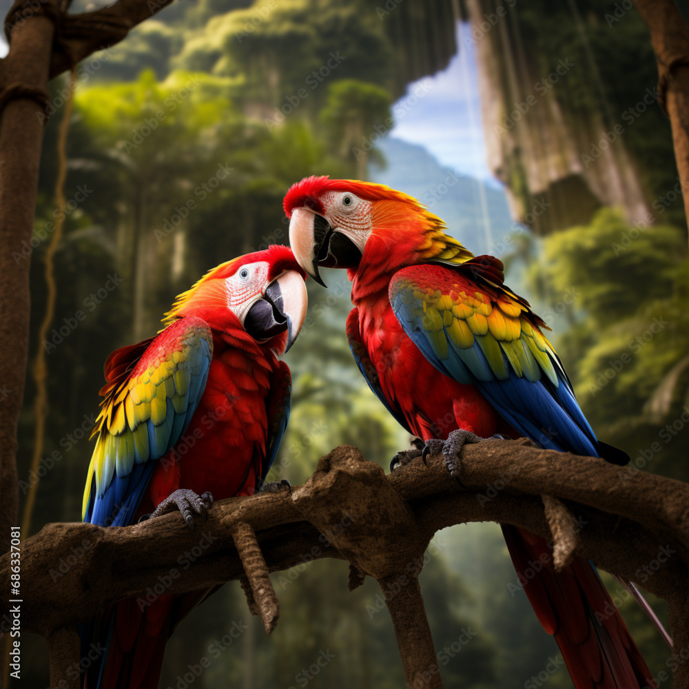 Fotografia de una pareja de guacamayos con colores intensos