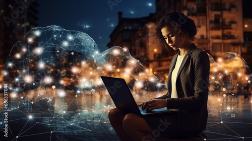 Digital technology internet network connection, digital marketing IoT, business woman using laptop computer