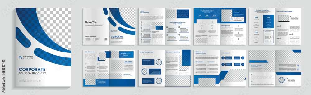 Corporate business solution brochure, 16 page company profile brochure editable template layout design. - obrazy, fototapety, plakaty 