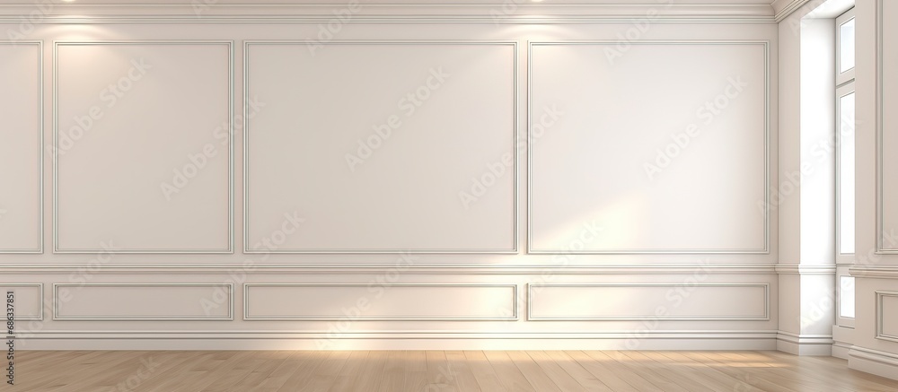 Illustration of a with light walls and ceiling and a dark floor in an empty living room design Illustration of a with light walls and ceiling and a dark floor in an empty living room design