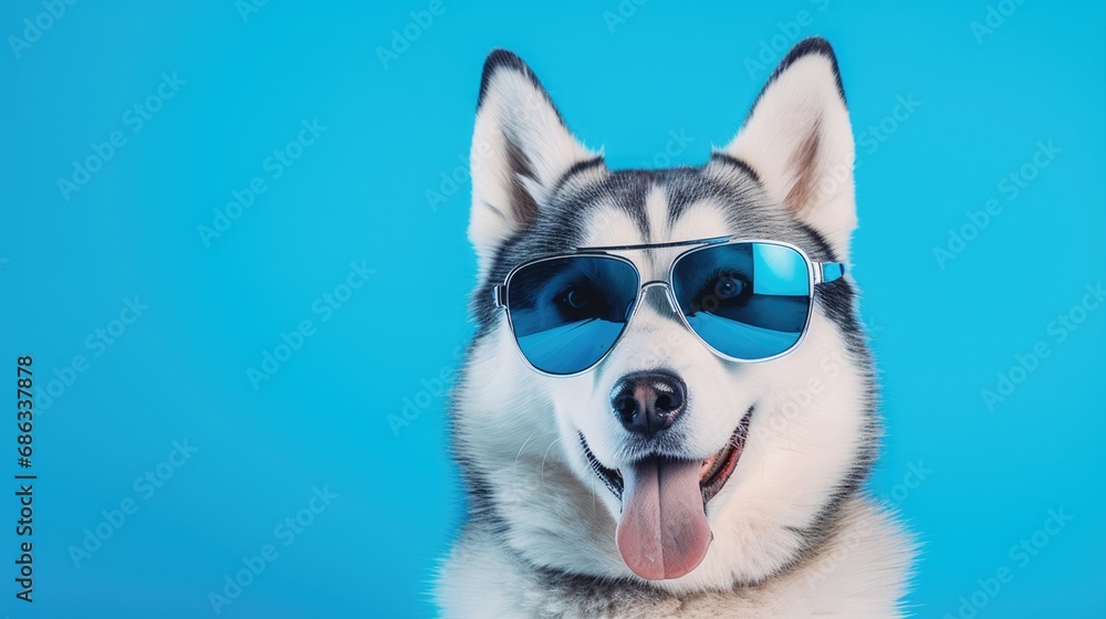 portrait of husky dog in stylish sunglasses, isolated on clean blue background