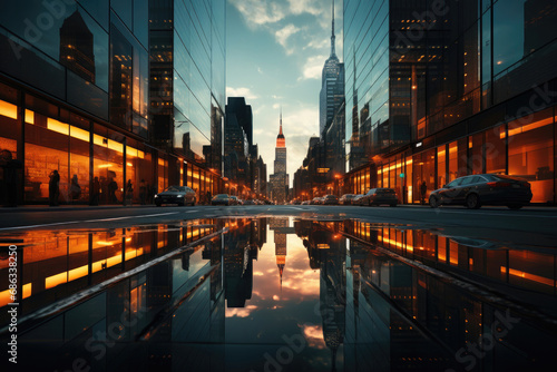 Urban landscape with reflection of skyscrapers, cars on the road in the evening