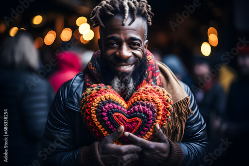 Homme noir tenant un gros coeur dans ses mains photo