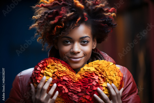 Femme noire tenant un gros coeur dans ses mains photo
