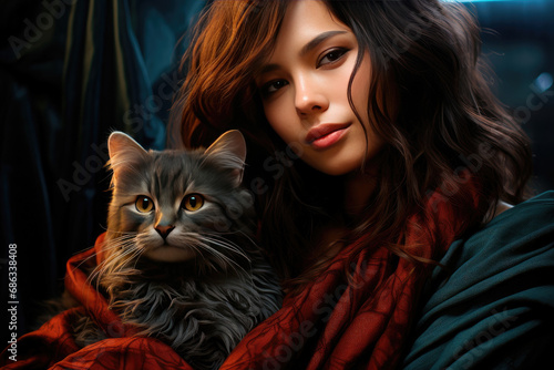 Young brunette woman holds a pet cat in her arms and warms it wrapped in a blanket