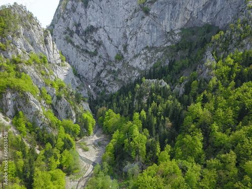 Aerial drone view above Cheia River's Gorges. Vertical, eroded, calcareous, vertical cliffs are standing at the narrow's canyon's entrance. Carpathia, Romania. 