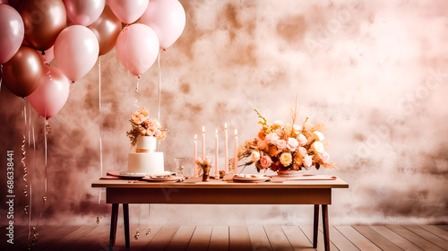 Table de fête avec ballons, gâteau et fleurs photo