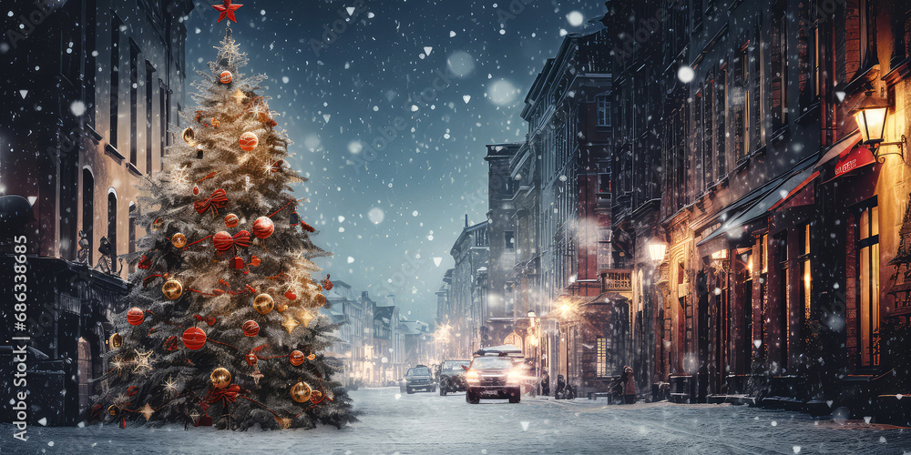 Decorated Christmas tree with illuminated lights on evening snowy city street. Winter exterior background. Generative ai.