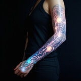 Fotografia con detalle de brazo femenino con tatuaje tecnologico