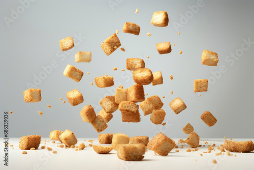 Freshly made crispy croutons fall in pile on gray background. Creative concept of floating healthy snacks. Background of falling croutons. Levitation of snacks. Close-up. Copy space. photo
