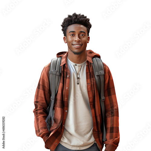 Confident black male college student smiling, transparent background PNG