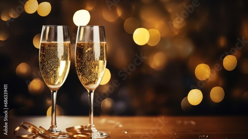 Two luxury champagne glasses ready to drink isolated on blur glitters background