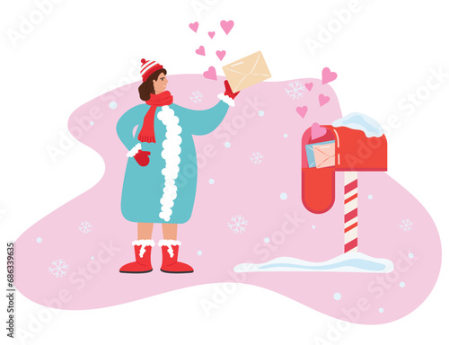 A young girl sends a letter with a red heart. A girl with a large envelope puts it in a mailbox with love letters. Happy Valentine's Day. Romantic letter.