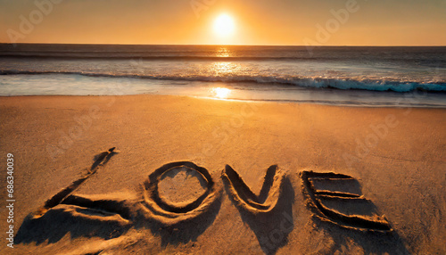 Sunset on the beach. Love written in the sand at the sunset. 