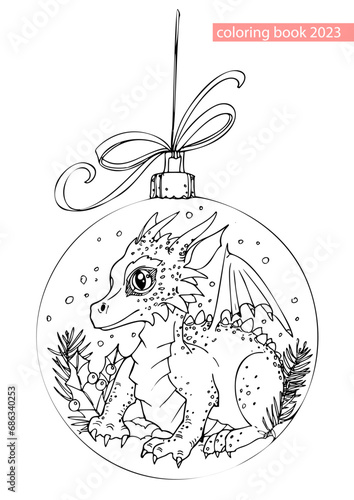 A small cute cartoon dragon inside a glass Christmas ball. Coloring book