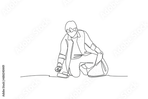 Man cleaning trash in park. Mutual cooperation and team work minimalist concept. Black and white vector illustration, vector, team work