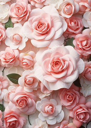 A large number of roses in a romantic shade of soft pink, creatively and harmoniously arranged, in the spirit of Valentine's Day and a spring atmosphere.