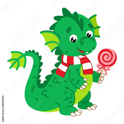 Dragon of the Chinese New Year 2024. Cute dragon with a lollipop in paws and in scarf in cartoon flat style. Isolated vector illustration on a white background. Perfect for winter holiday design.